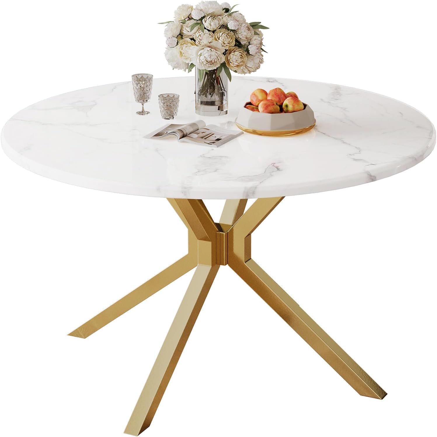 45.28' White Round Marble Dining Table, Circle Dining Room Table with Faux Marble Top & Gold Stainless Steel Leg, Modern Kitchen Table for 2 to 4 Person, Small Round Dinner Table for Dinette Breakfast