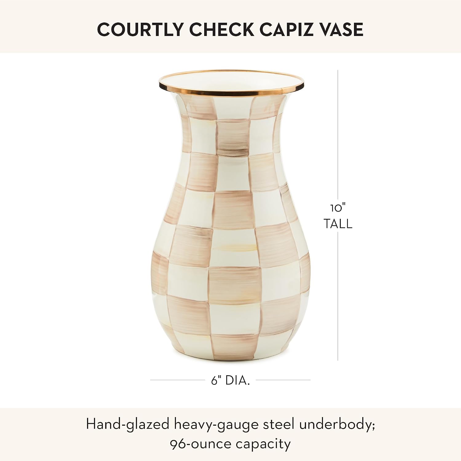 MACKENZIE-CHILDS Tall Enamel Checkered Vase, Unique Flower Vase, Brown-and-White Mocha Check, Steel, 6' L x 6' W x 12' H