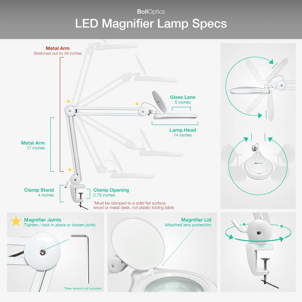 BoliOptics (Glass Lens) Professional LED Magnifying Lamp with Clamp, Dimmable, 1200 Lumens, 5600K-6000K Daylight Bright 60 SMD LED, Work Light Mounting Bracket Clamp (5 Diopter) MG16303221