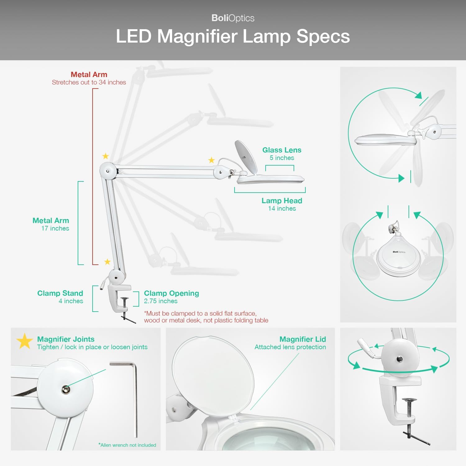 BoliOptics (Glass Lens) Professional LED Magnifying Lamp with Clamp, Dimmable, 1200 Lumens, 5600K-6000K Daylight Bright 60 SMD LED, Work Light Mounting Bracket Clamp (5 Diopter) MG16303221