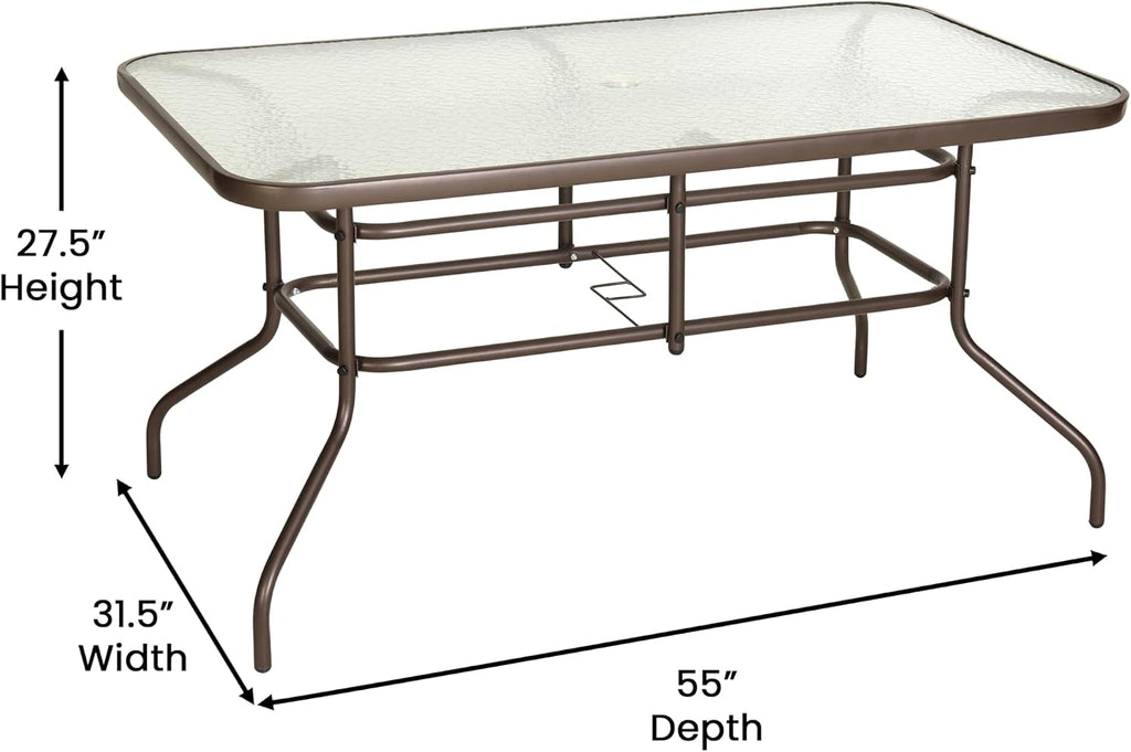 Flash Furniture Tory 31.5' x 55' Rectangular Tempered Glass Metal Table with Umbrella Hole, Bronze
