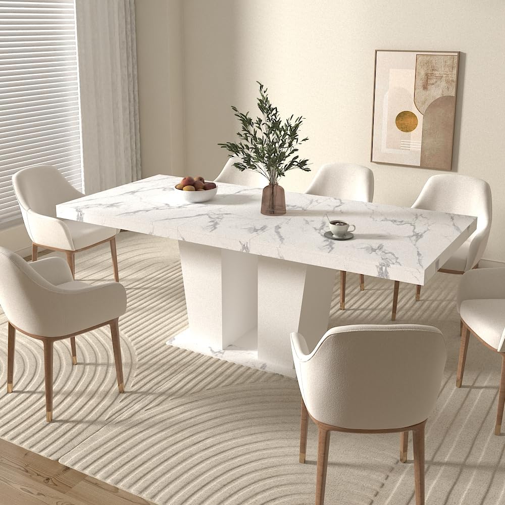 78.74'' Extendable Rectangular Dining Table for 4-8, Modern Mid-Century Wood Expandable Kitchen Dinner Conference Table for Living Room Office, 2 Widen Pedestal Base, White Faux Marble