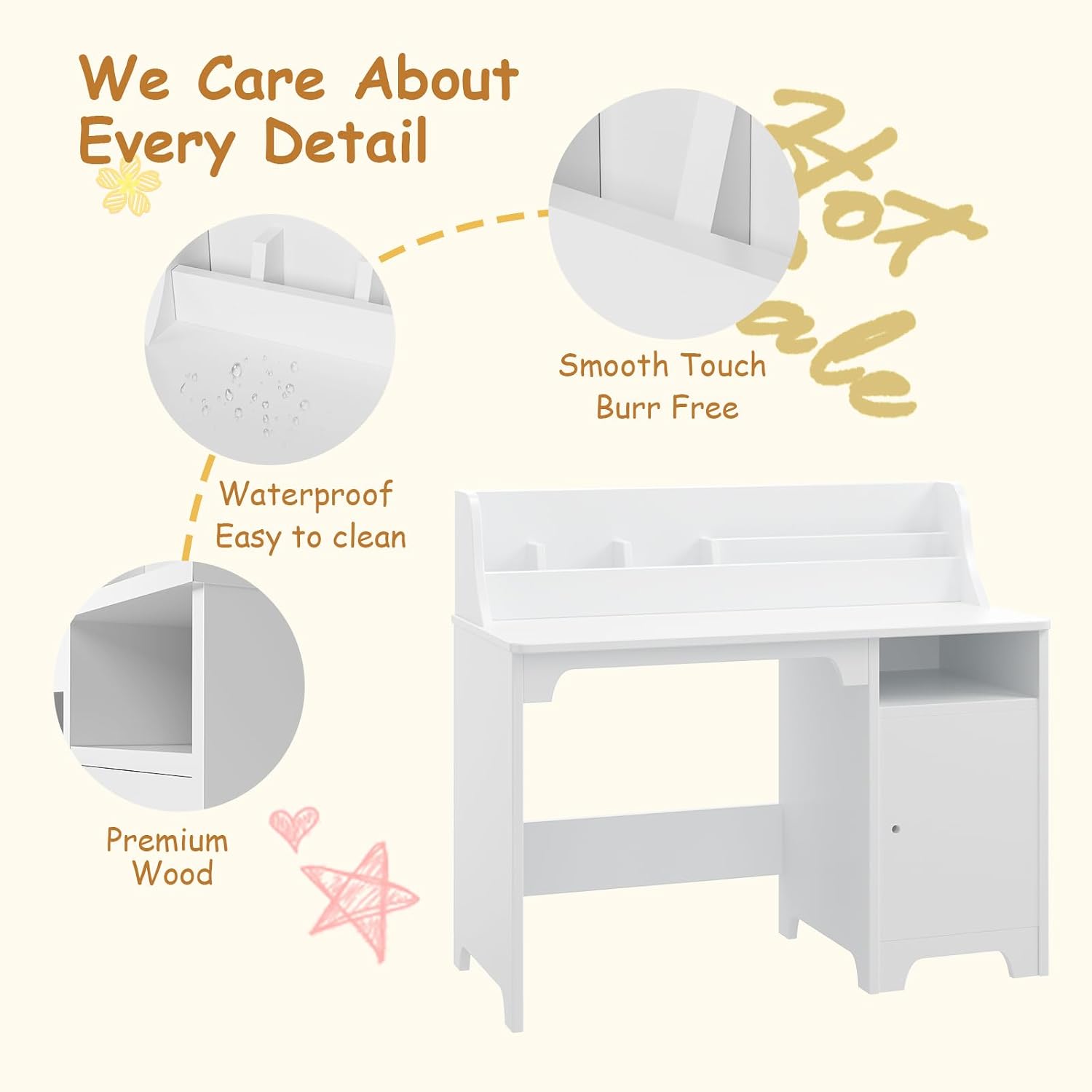 Kids Study Desk with Chair,Wooden Children Study Table, Kids Desk & Chair Sets with Hutch and Storage Cabinet for 3-12 Year Old, Student Writing Desk Computer Workstation for Kids Bedroom & Study Room