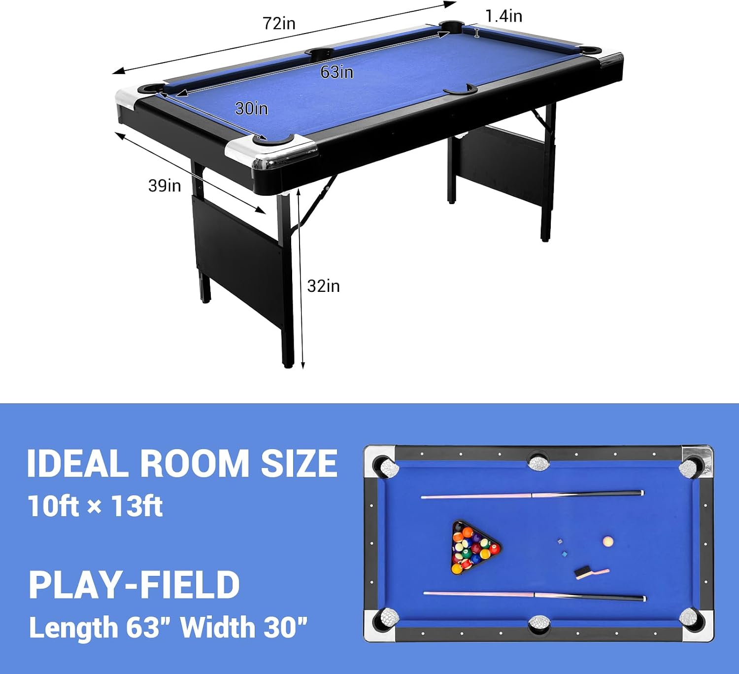 6,7 Foot Foldable Pool Table, Portable Billiards Table with Full Accessories Set, No Assembly, Metal k-Shaped Legs, Includes 16 Balls, 2 Cue Sticks, Chalk, Rack & Brush, Game Room Table for Home, Apar