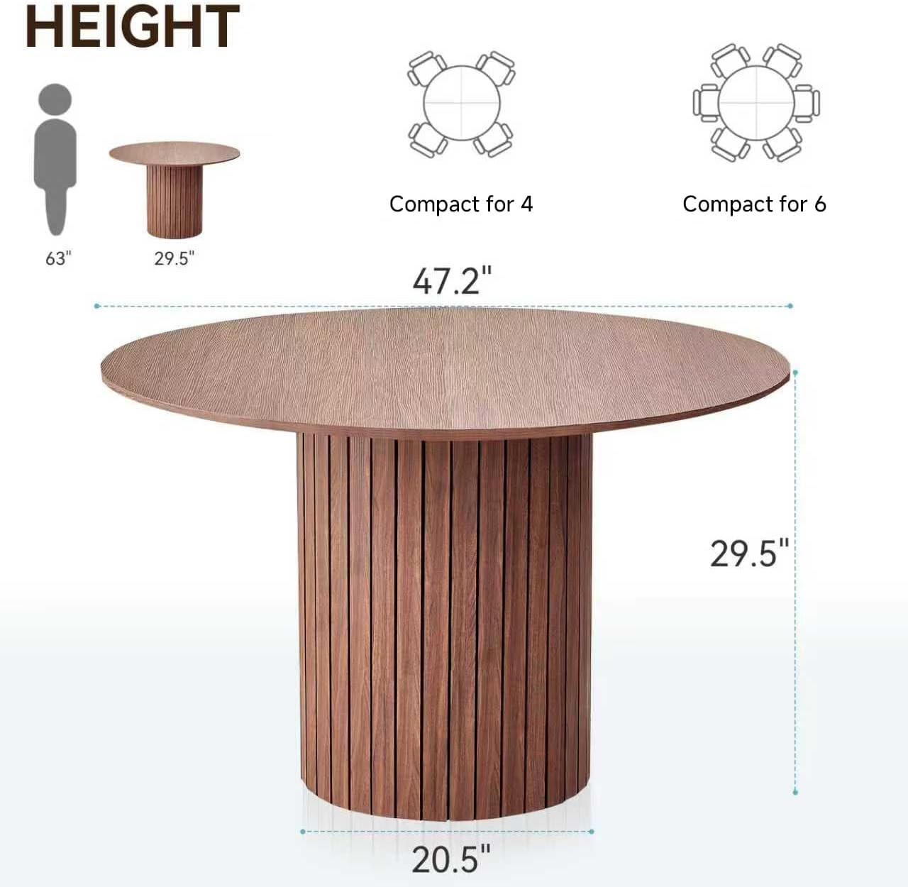 47' Round Dining Table for 4, Farmhouse Kitchen Table [Chamfered Edge Tabletop] Circle Pedestal Dinner Table, φ47.2'x29.5'H, Brown
