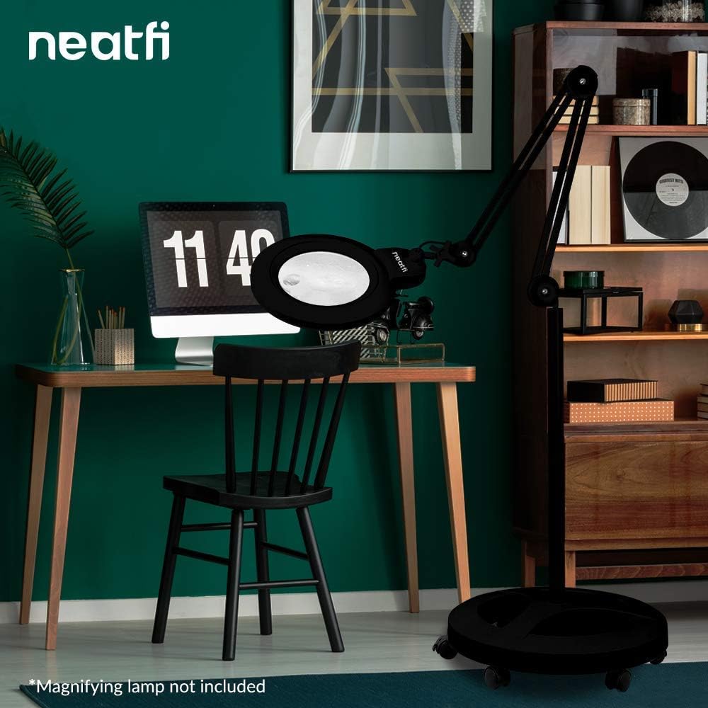 Neatfi 7' XL Bifocals 1,600 Lumens Super LED Magnifier Lamp (Black) Bundle Floor Stand with 6 Wheels Rolling Base (Black)