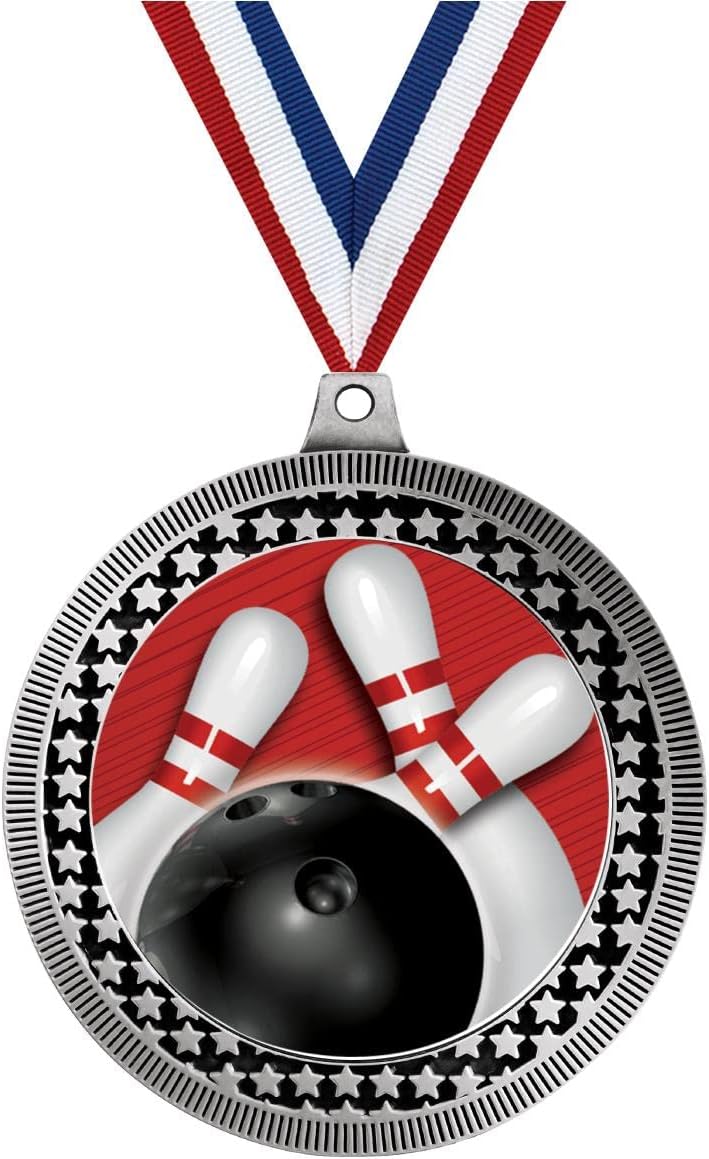 2.75' Bowling Red Stripes Medal Award, Silver Vega Bowling Red Stripes Team Trophy Award Includes Free Neck Ribbon Prime