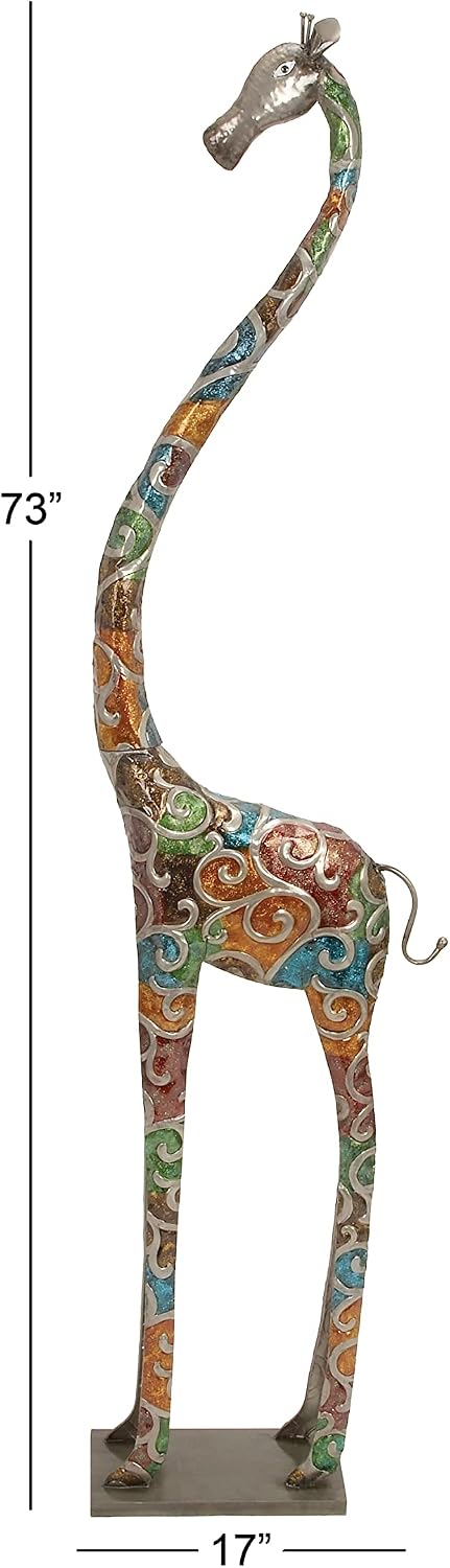 Deco 79 Metal Giraffe Decorative Sculpture Indoor Outdoor Tall Home Decor Statue with Detailed Embossed Scrollwork, Accent Figurine 17' x 7' x 73', Multi Colored
