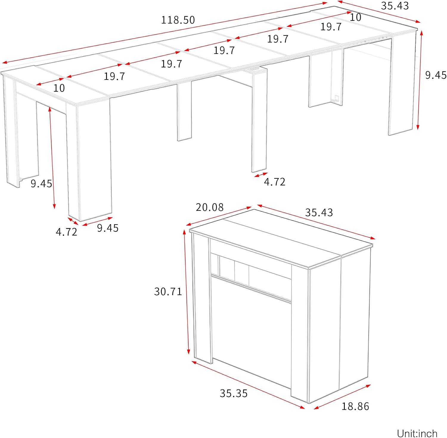 Transformer Dining Table, Extendable Console to Dining Table for 12 People, Folding Space Saving Dining Room Table Multipurpose Use, Grey