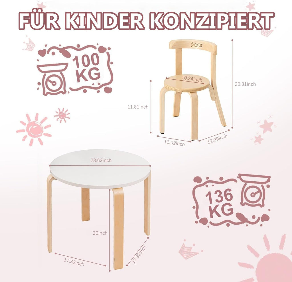 Swegrow Kids Table and 4 Chairs Set, Wooden Table and Chairs for Kids & Toddler，Kid Wooden Furniture for Playroom/Home/Kindergarten