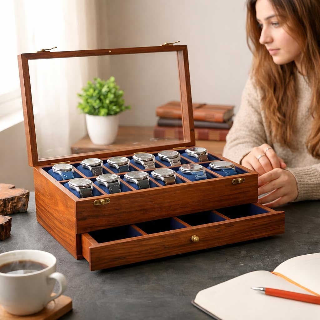 Royal Craft Expertise® 12-Slot Luxury Wooden Watch Box with Drawer – Handcrafted Rosewood Organizer for Men | Elegant Velvet Lining & Ample Storage | Premium Display Case for Watch Collectors
