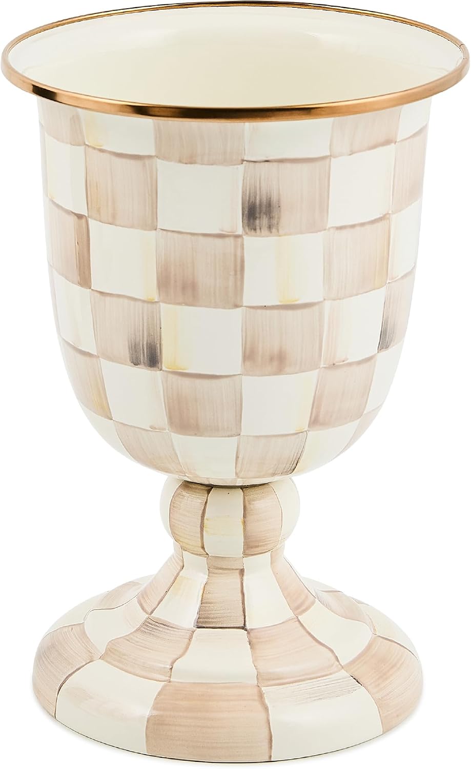 MACKENZIE-CHILDS Pedestal Vase, Decorative Centerpiece and Flower Holder, Brown-and-White Mocha Check