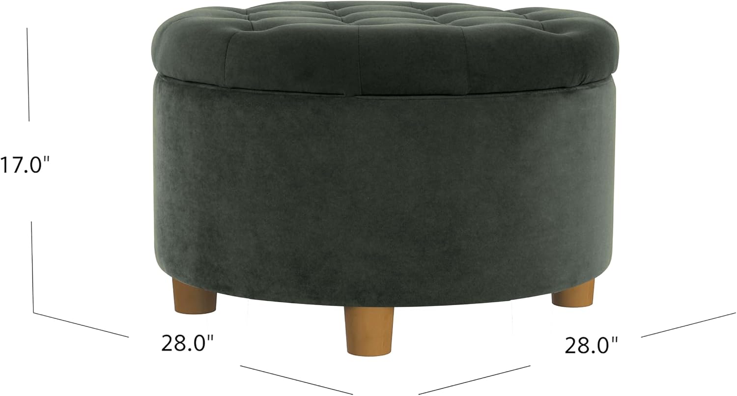 HomePop Home Decor | Large Button Tufted Velvet Round Storage Ottoman | Ottoman with Storage for Living Room & Bedroom, Loden Green Velvet, 28'