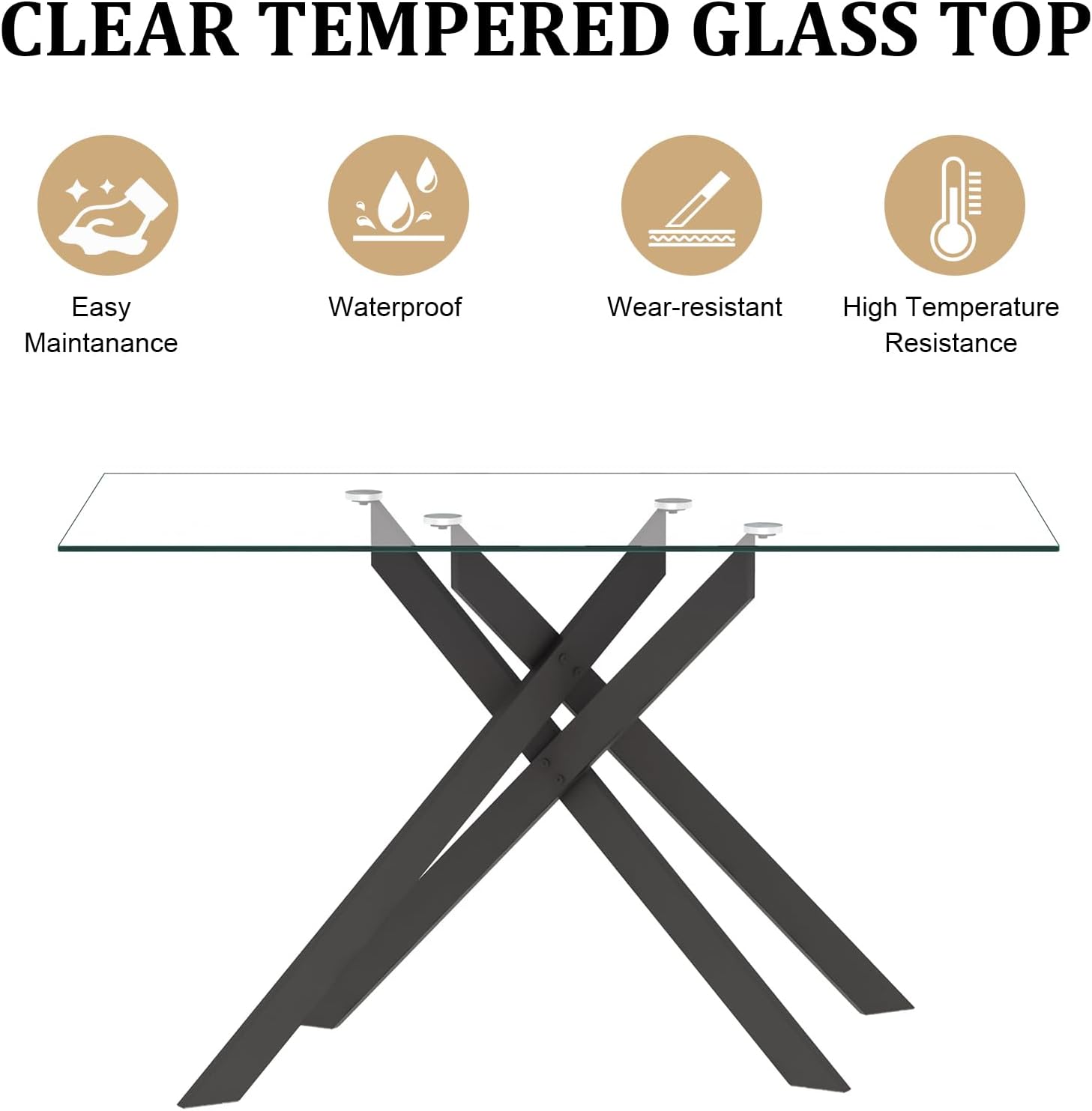 51.2' Glass Dining Table, Modern Kitchen Table for 4-6 People, Contemporary Rectangular Dining Room Dinner Tables with Clear Glass Top & Black Metal X Legs for Kitchen Apartment