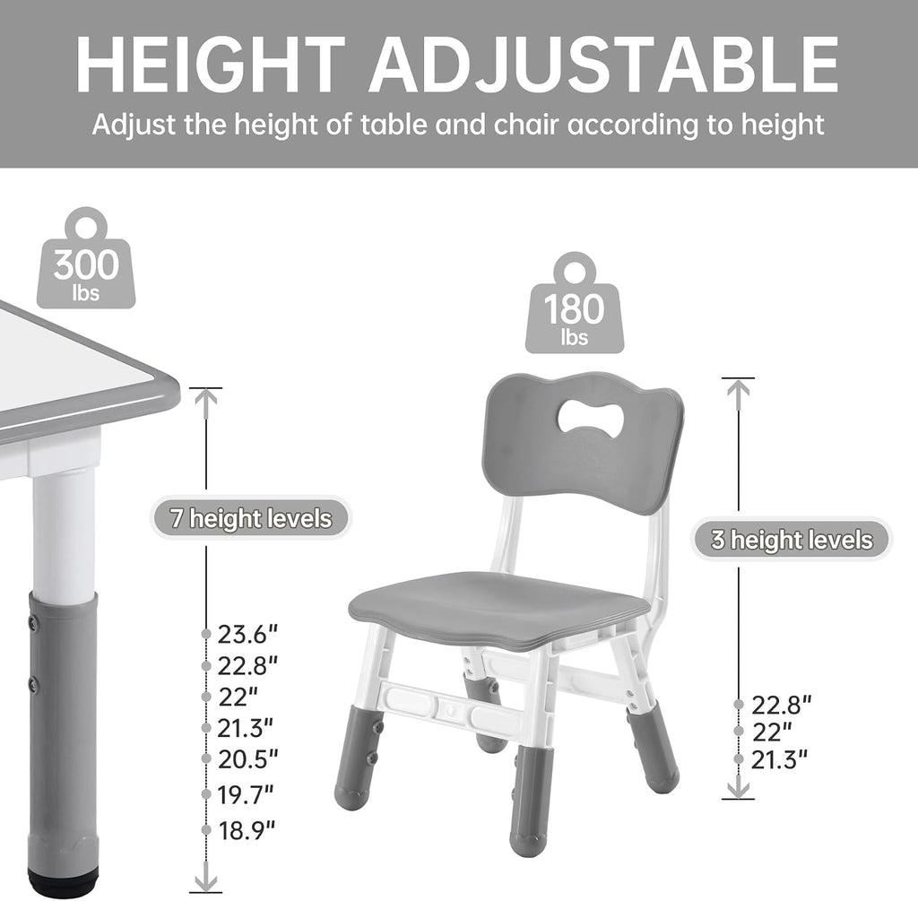 GITAWUSA Kids Study Table and Chairs Set, Height Adjustable Toddler Table and Chair Set for Kids Ages 3-8, Graffiti Desktop (Grey)