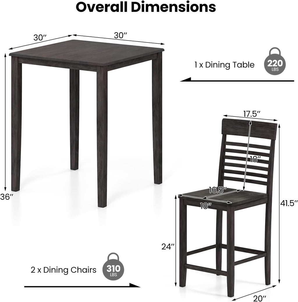 Giantex 3-Piece Dining Table Set for 2, Counter-Height Square Kitchen Table and Chairs Set with Rubber Wood Frame, Curved Back, Footrest, Bar Table Set for Small Place Dinette Breakfast Nook