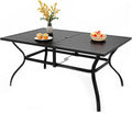 PHI VILLA Outdoor Dining Table for 6, 60' Long Rectangular Metal Wrought Iron Table with Umbrella Hole, All-Weather Large Furniture for Patio, Backyard, Porch