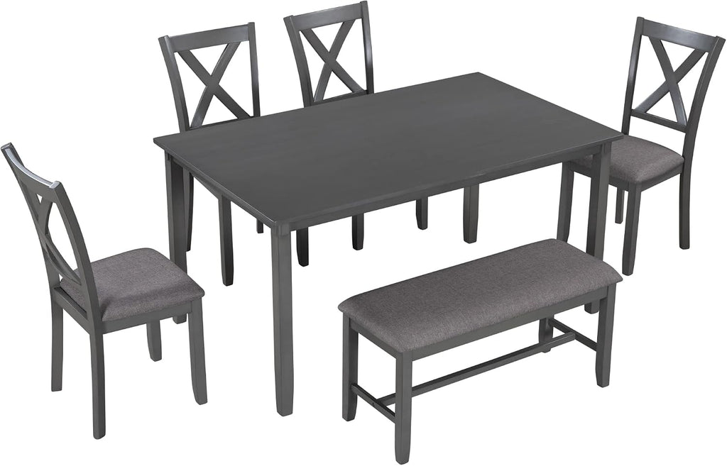 Harper & Bright Designs 6-Piece Dining Table Set, Dining Room Table Set with Wooden Rectangular Dining Table, 4 Dining Chair and Bench, Kitchen Dinette Set for 6 People (Grey)