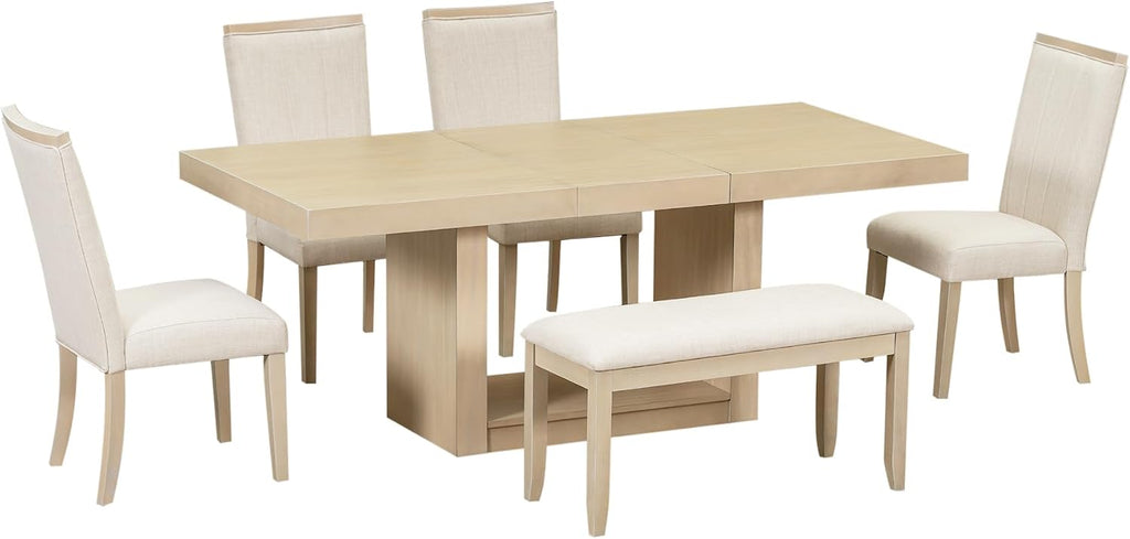 Merax 78 Inch Extendable Dining Table Set with 18inch Removable Leaf, Wood 6-Piece Dining Table Set with 4 Upholstered Dining Chairs & 1 Dining Bench, Natural