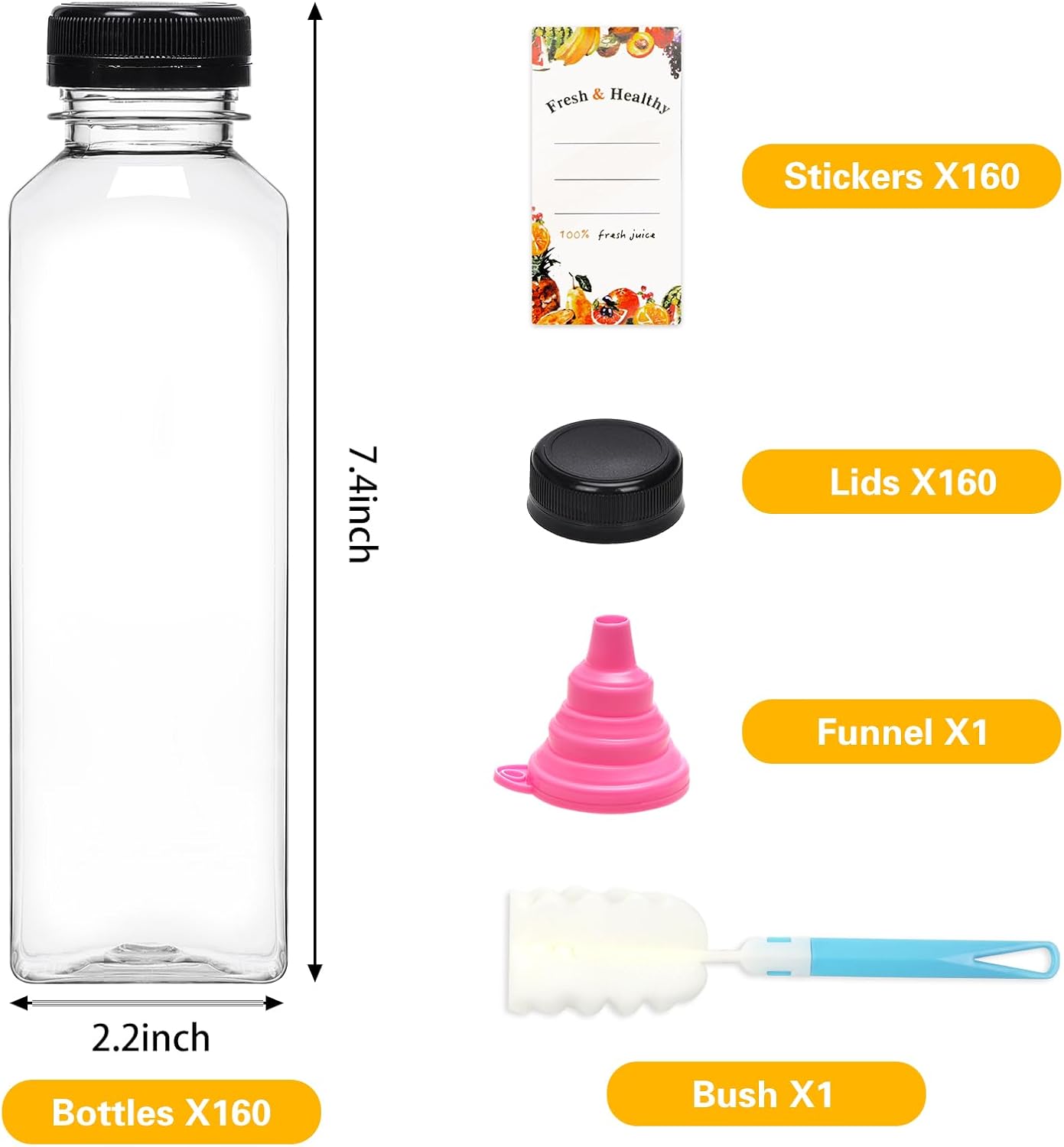 Moretoes 160pcs 16oz Plastic Juice Bottles with Caps, Clear Empty Reusable Bottles with Brush Funnel and Labels for Smoothies and Other Beverages