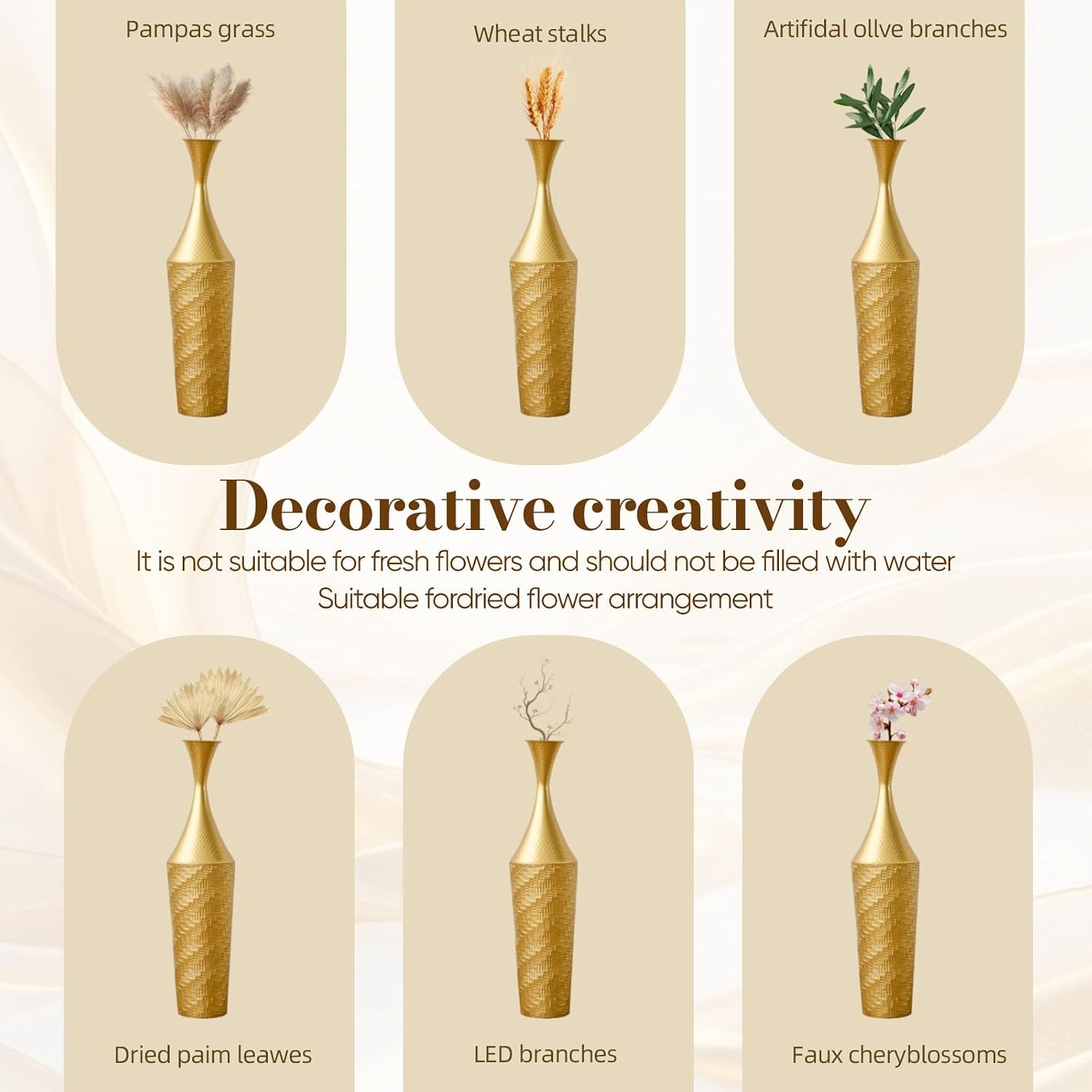 Set of 3 Gold Metal Floor Vases, Handcrafted Hammered Tall Decorative Vases, Rustproof Iron Large Floor Vases for Living Room, Entryway, Pampas Grass & Dried Flower Arrangement
