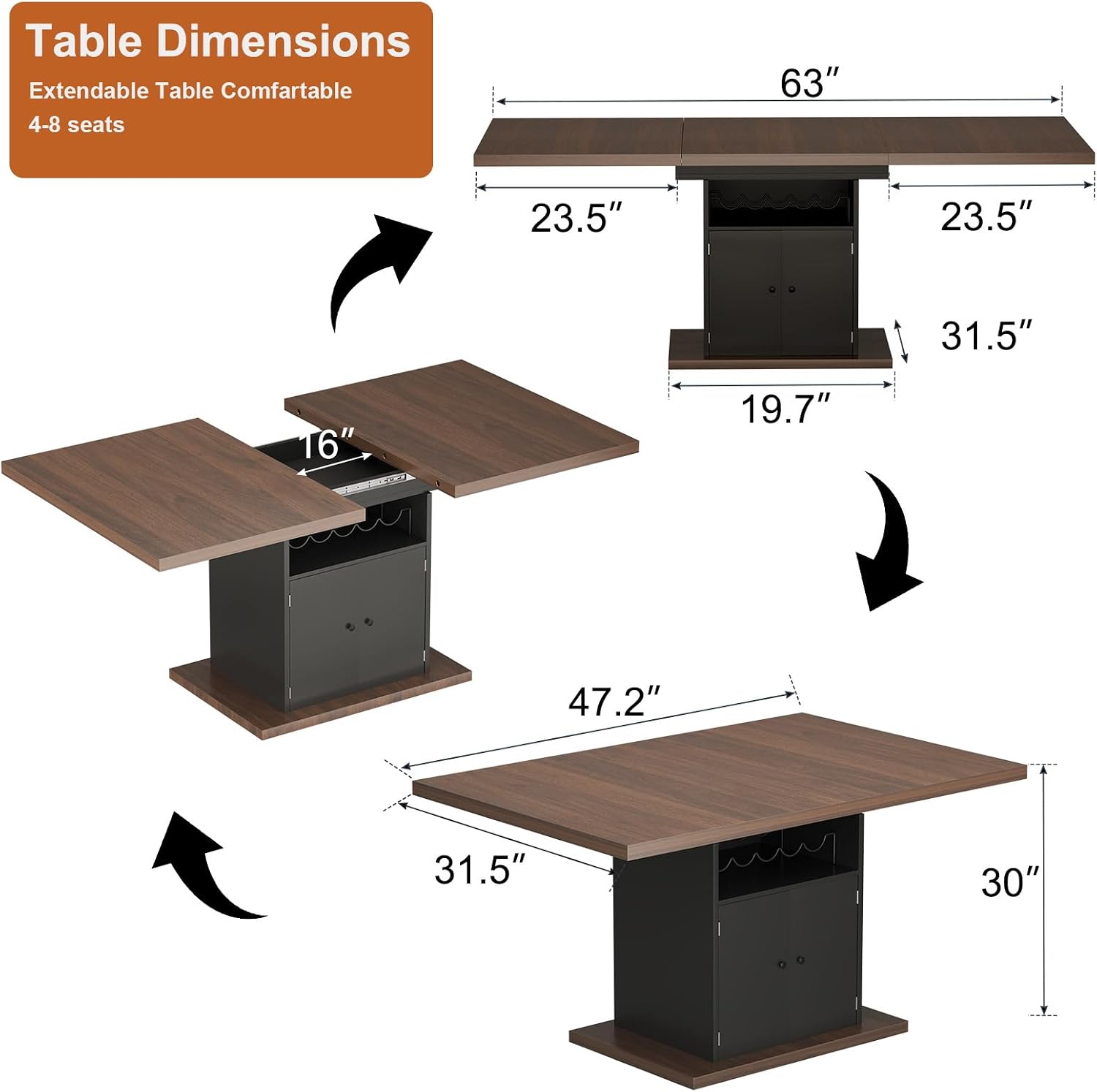 Extendable Dining Room Table for 4-6, 47-63 Inch Rectangle Kitchen Dining Table with Storage, Expandable Modern Rectangular Dinner Table for Kitchen, Dining Room, Black & Walnut