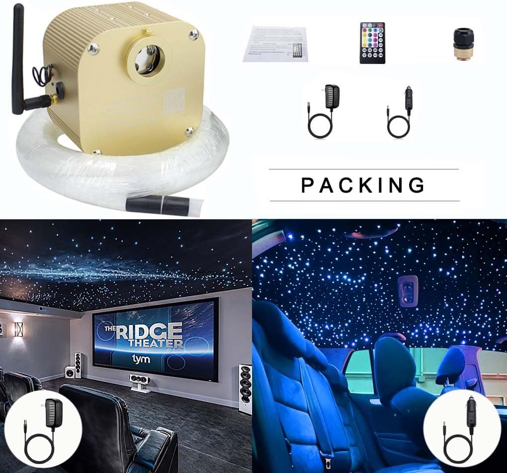 AZIMOM Bluetooth16w Twinkle Fiber Optic Lights Star Ceiling Lighting Kits Mixed 335pcs 13.1ft Fiber Strands End Glow RGBW Music Mode Light Source Car Use Headliner Home Decor