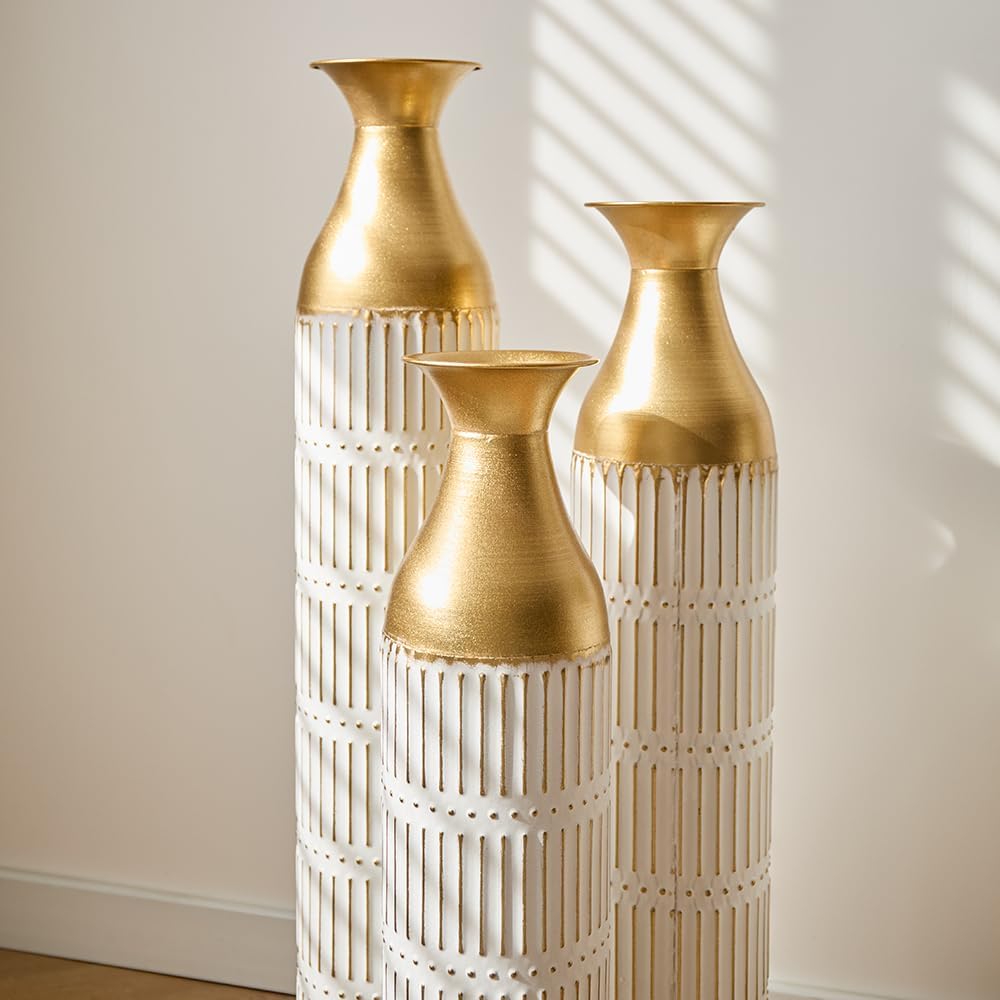 Floor Metal Decorated Vases Set of 3 for Gorgeous Home Decoration Large Glazed Metal Vases (Retro White)