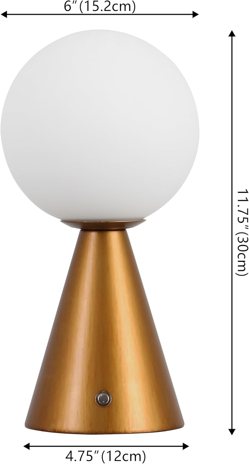 JONATHAN Y 11.75' Antique Gold Macie Modern Globe Cordless Table Lamp Set of 2, Rechargeable Dimmable Integrated LED Touch Sensor Bedside Lamp, White Frosted Glass Shade (JYL7159D-SET2)