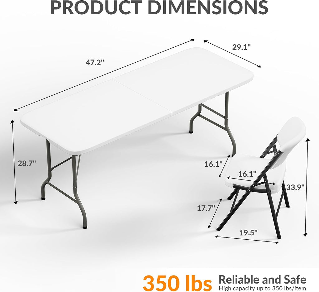 Elevon Folding Table Set with 6 White Folding Chairs,6 Feet Heavy Duty Fold-in-Half Utility Table Sets for Picnic, Event, Training, Outdoor Activities, at Home and Commercial Use