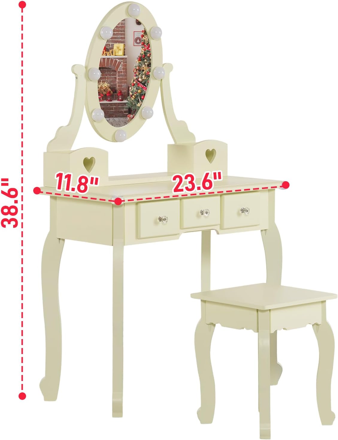Karl home Kids Vanity Table and Chair Set, Princess MDF Dressing Table with 3-Color LED Lighted Mirror and 3 Drawers, Lovely Waved Design for Toddler's Bedroom and Playroom Decor, Macaroon Yellow