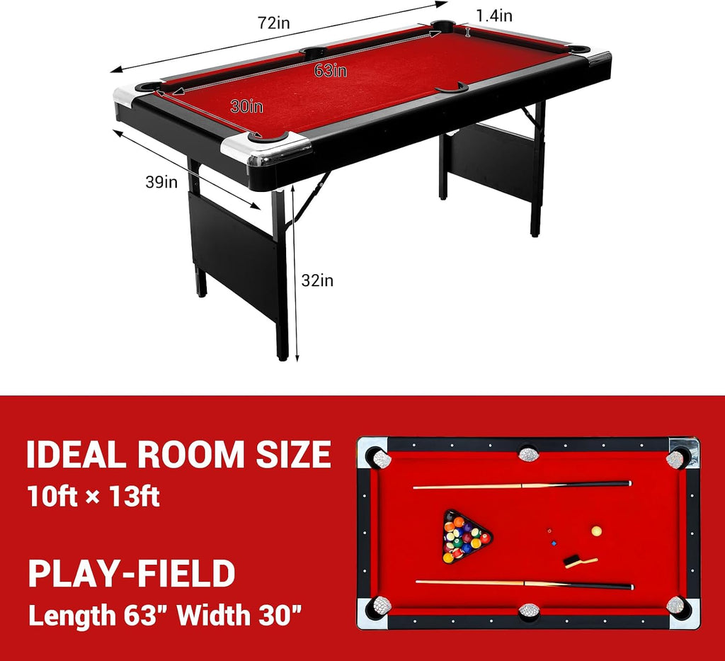6,7 Foot Foldable Pool Table, Portable Billiards Table with Full Accessories Set, No Assembly, Metal k-Shaped Legs, Includes 16 Balls, 2 Cue Sticks, Chalk, Rack & Brush, Game Room Table for Home, Apar