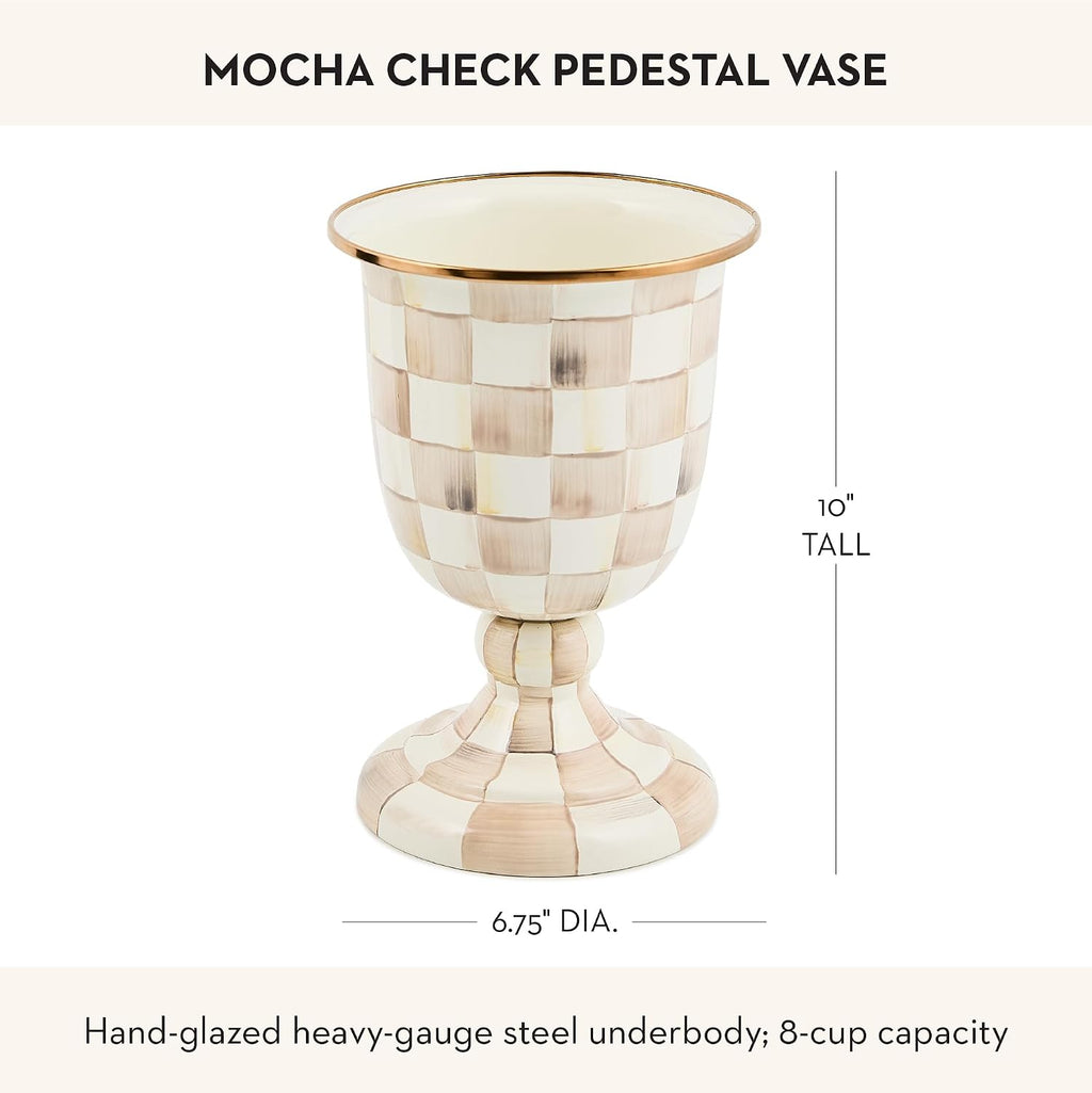 MACKENZIE-CHILDS Pedestal Vase, Decorative Centerpiece and Flower Holder, Brown-and-White Mocha Check