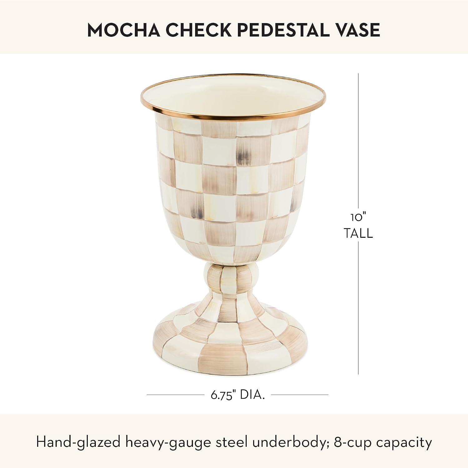 MACKENZIE-CHILDS Pedestal Vase, Decorative Centerpiece and Flower Holder, Brown-and-White Mocha Check