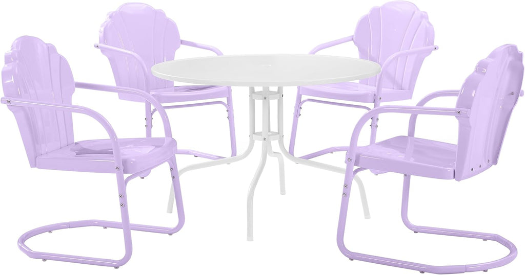 Crosley Furniture Tulip 5-Piece Outdoor Dining Set for 4, Vintage Retro Metal Round Patio Table and Chairs, Lavender Gloss/White Satin