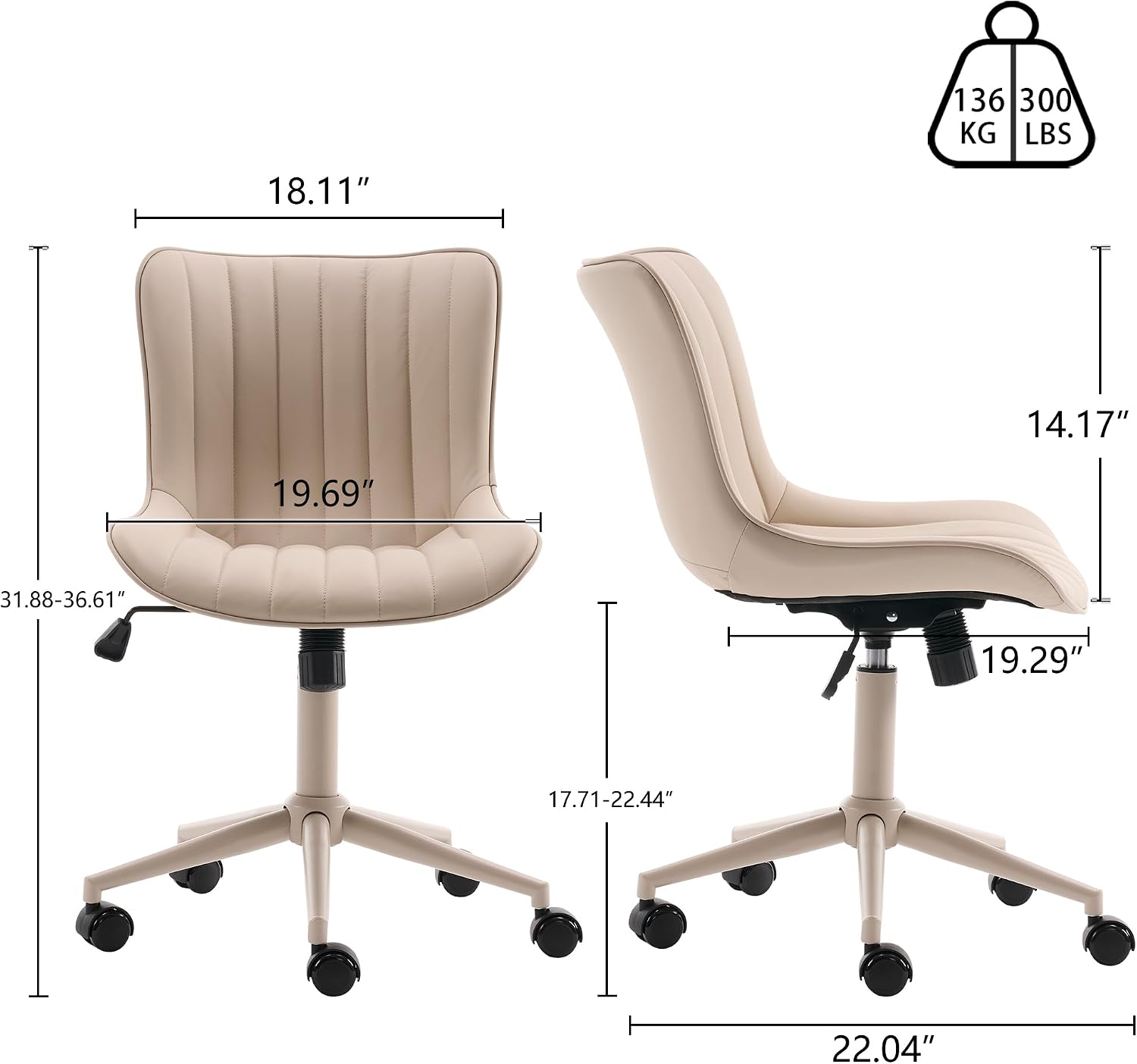 YOUNIKE Home Office Desk Chair with Wheels Armless Vanity Chair with Back Comfy Modern Leather Upholstered Rolling Task Chair Swivel Small Cute Sewing Chair No Arms Wide Adjustable Ergonomic Cream