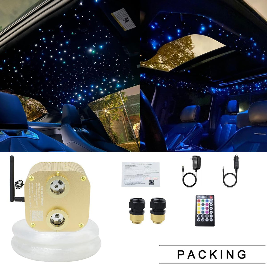 AZIMOM Dual Port 20W Twinkle Starlight Headliner Kits 600pcs 0.03in 9.8ft Fiber Strands Dual Head Fiber Optic Light RGBW Sound Remote Control Light Source Home Ceiling Indoor Car Roof Decor