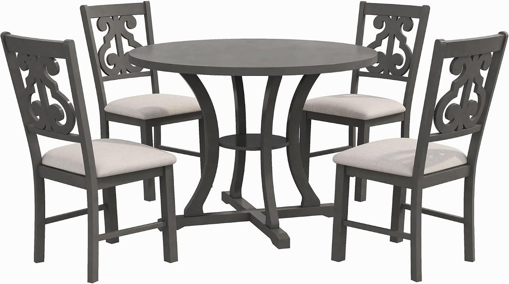 Harper & Bright Designs 5-Piece Round Dining Table and Chair Set, Round Dining Table with Shelf, Wood Dining Table Set for Family Dining Area