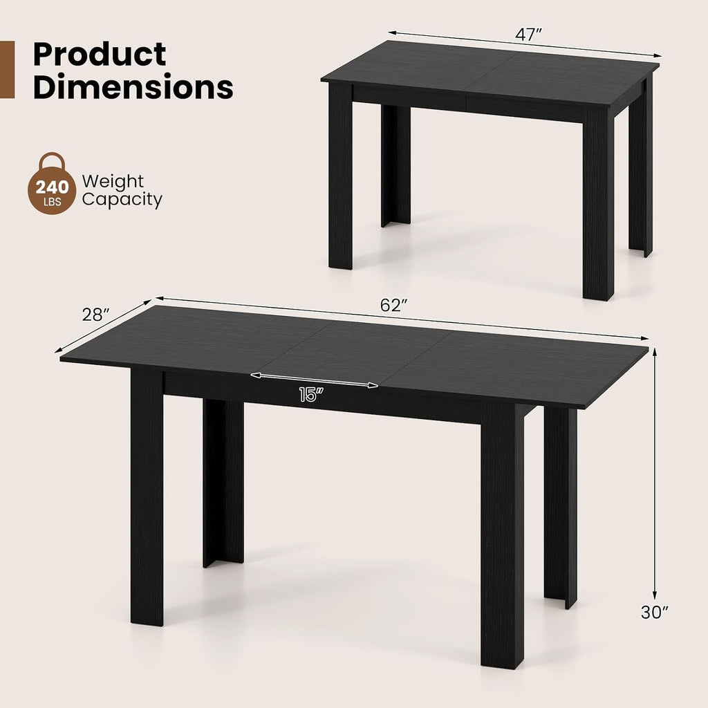 Giantex Extendable Dining Table for 4/6/8, 47'-62' Farmhouse Kitchen Table, Space-Saving Transformer Table for Dinette, Home Office, Living Room, Small Space (Black)