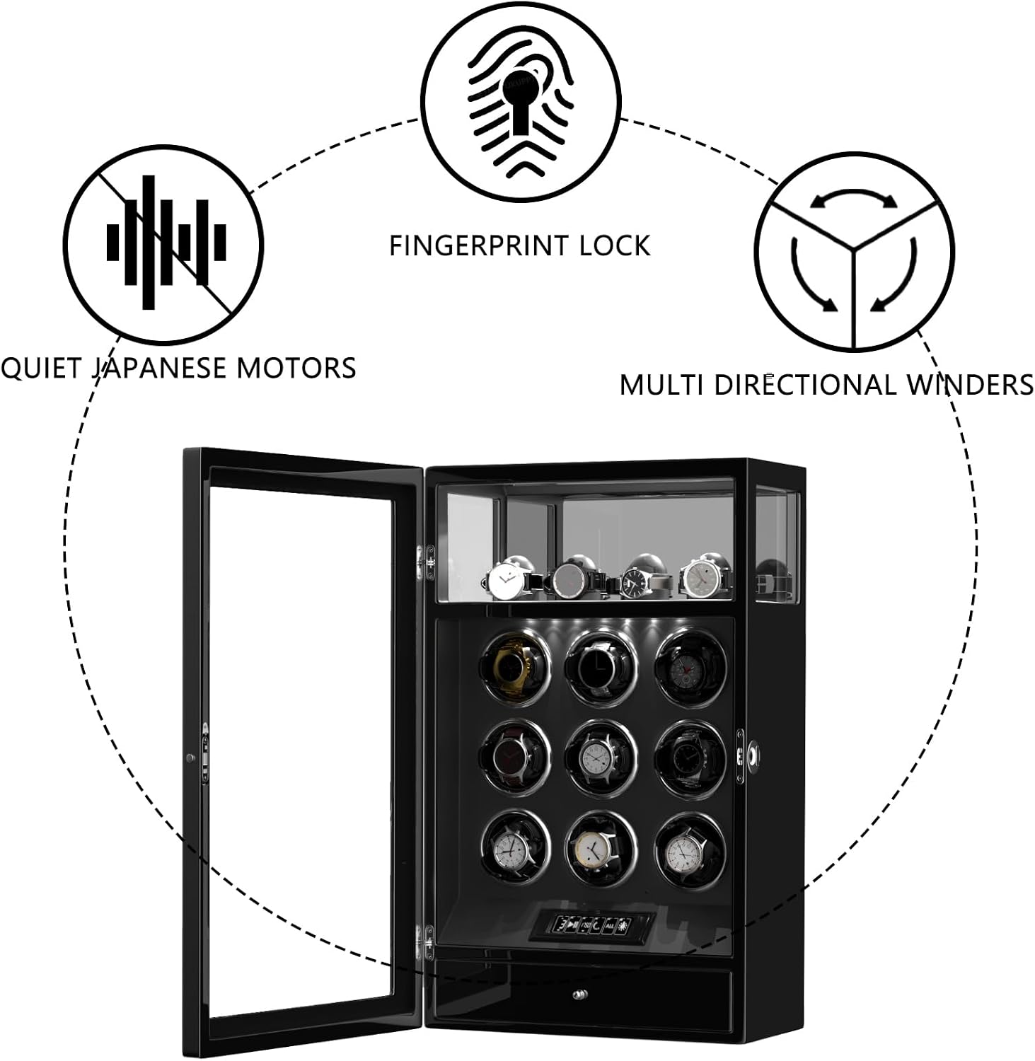 DUKWIN Watch Winder, Fingerprint Lock Automatic Watch Winder for 3/6/9 Watches with 4 Holders,300-2300 TPD,Digital Display, Remote Control,Jewelry Storage and Adjustable Watch Pillow and LED Light
