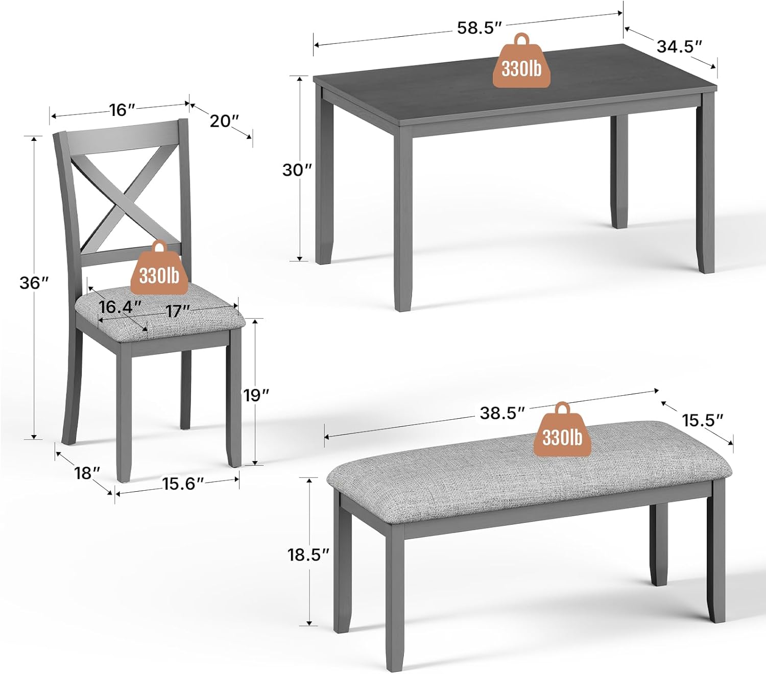 Zevemomo 6-Piece Wooden Dining Table Set, Dining Table Set for 6, Including 1 Dining Table, 4 Upholstered Chairs and 1 Bench, Wooden Legs Dining Table, Table Set for Dining Room, Grey