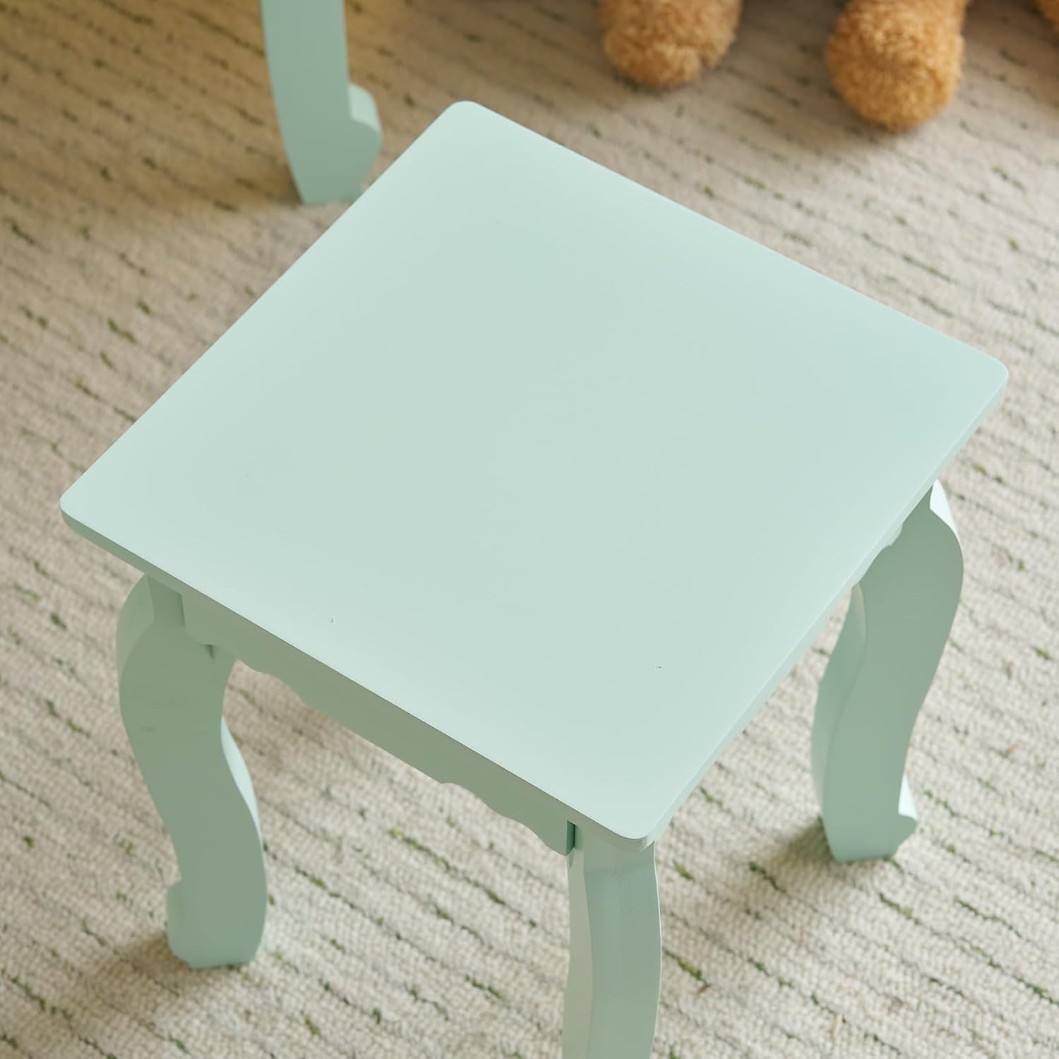 Karl home Kids Vanity Table and Chair Set, Princess MDF Dressing Table with 3-Color LED Lighted Mirror and 3 Drawers, Lovely Waved Design for Toddler's Bedroom and Playroom Decor, Macaroon Green