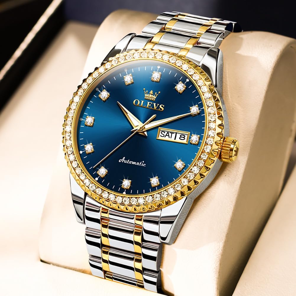 OLEVS Watches for Men Analog Quartz Luxury Diamond Waterproof Chronograph Stainless Steel Big Face Square Date Moon Phase Roman Numeral Dress Mens Watches