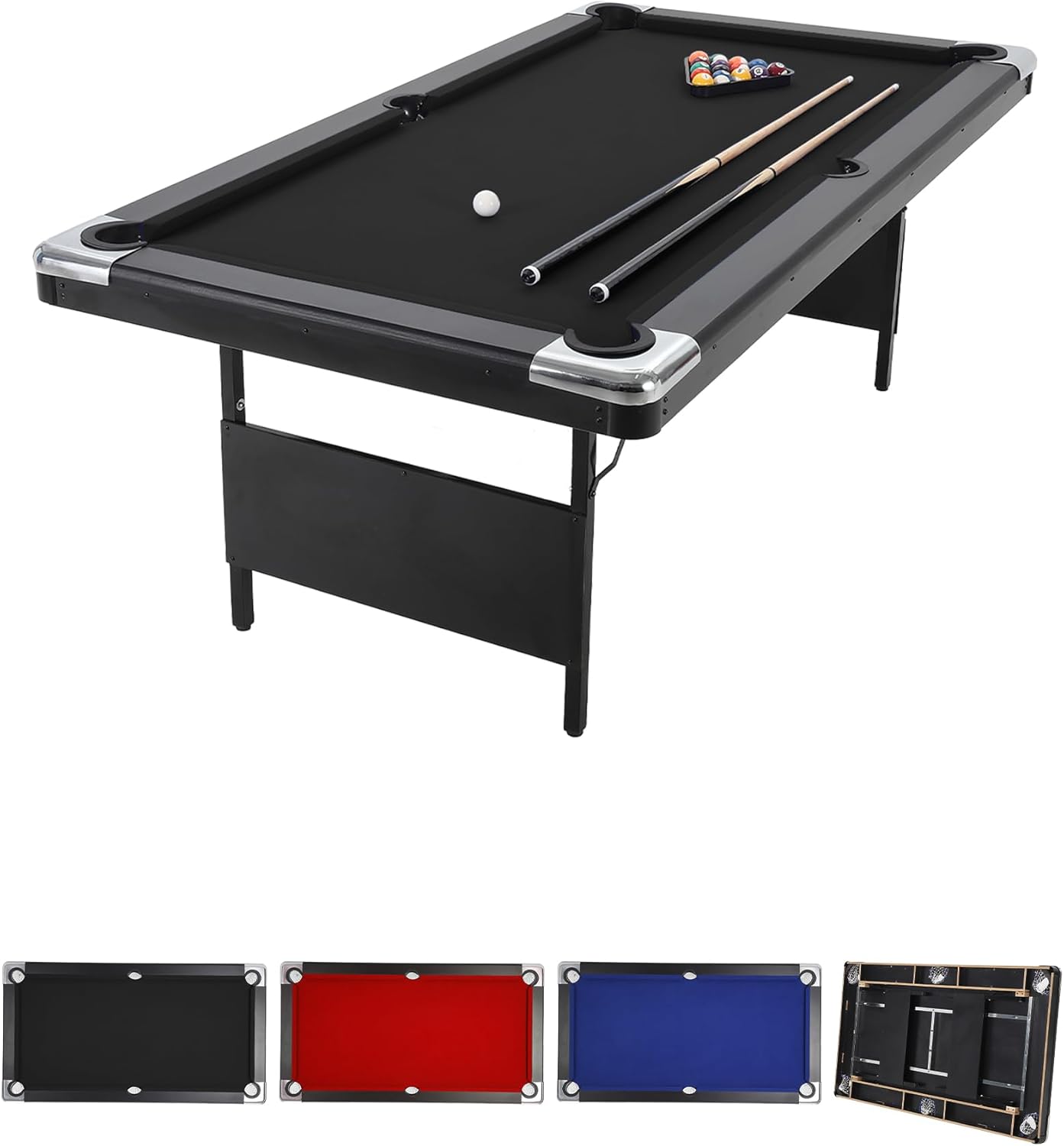 6,7 Foot Foldable Pool Table, Portable Billiards Table with Full Accessories Set, No Assembly, Metal k-Shaped Legs, Includes 16 Balls, 2 Cue Sticks, Chalk, Rack & Brush, Game Room Table for Home, Apar