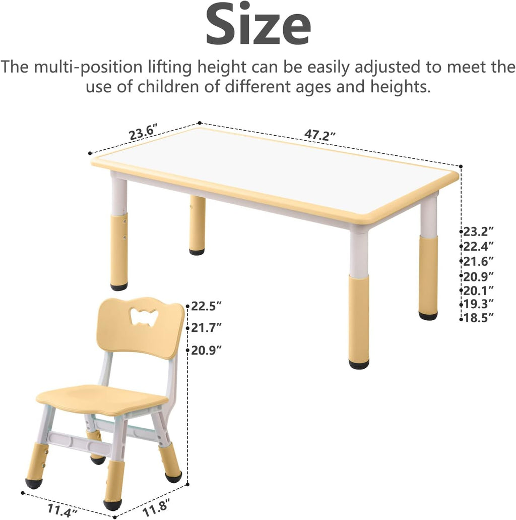 monleelnom Children's Table and Chair Set Suitable for Boys and Girls Age 2-12 Height Adjustable Table top Can be Painted with 6 Seats Suitable for Family Learning Daily use (Wood Color)