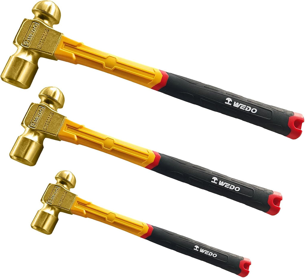 WEDO 3PCS Brass Ball Peen Hammer Set 12oz+16oz+24oz,Ball Pein Hammer with Fiberglass Handle,Brass, Die-Forged, Corrosion Resistant, DIN Standard