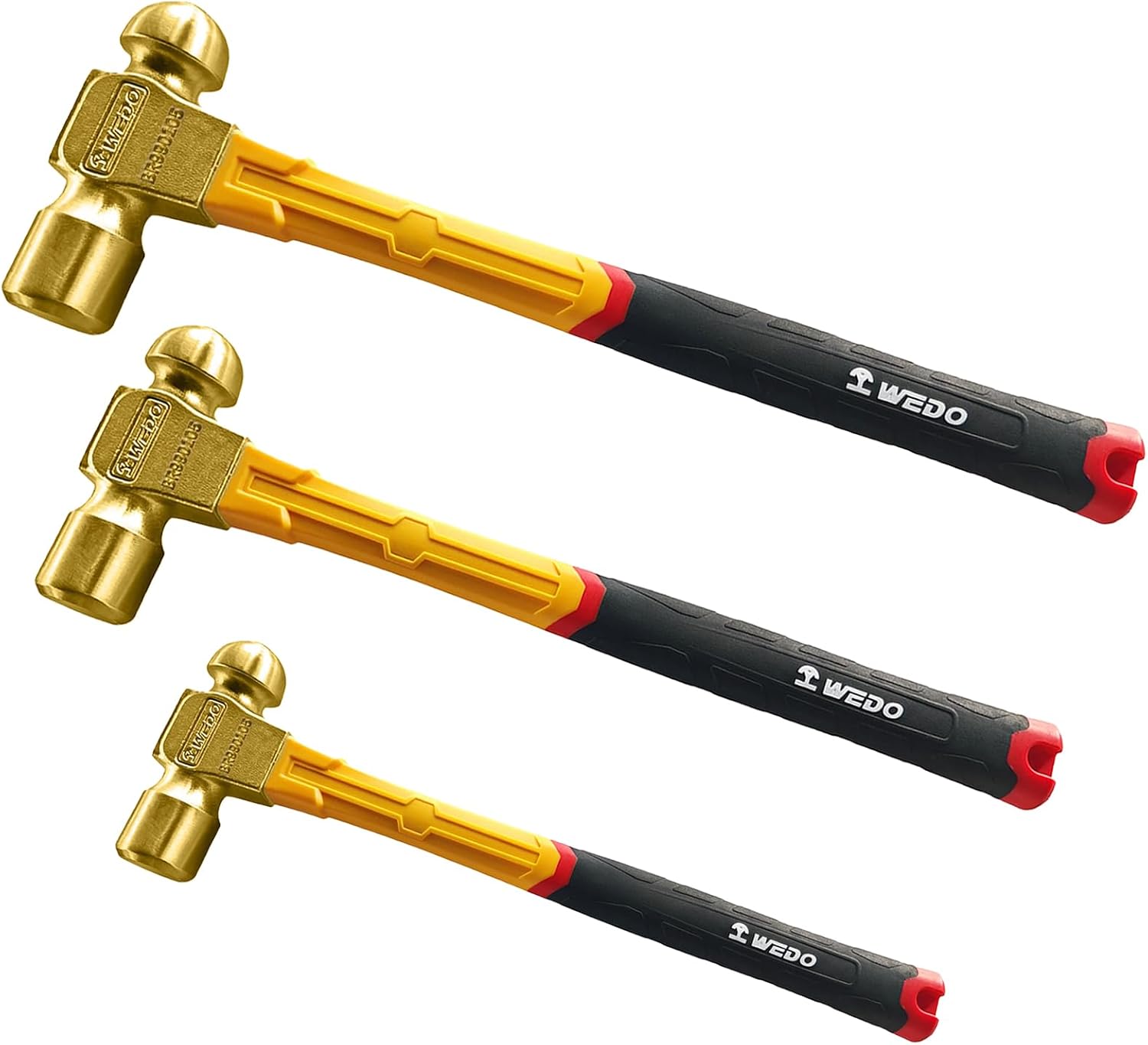 WEDO 3PCS Brass Ball Peen Hammer Set 12oz+16oz+24oz,Ball Pein Hammer with Fiberglass Handle,Brass, Die-Forged, Corrosion Resistant, DIN Standard
