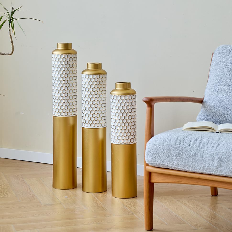 Floor Metal Decorated Vases Set of 3 for Gorgeous Home Decoration Large Glazed Metal Vases (Gold+White)