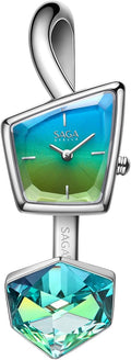 SAGA Illusion Women's Luxury Jewelry Bangle Watch, Mineral Case, 316L Stainless Steel Bracelet with Danube Crystals, Swiss Quartz Movement, 30M Water Resistant, Unique Gift for Her