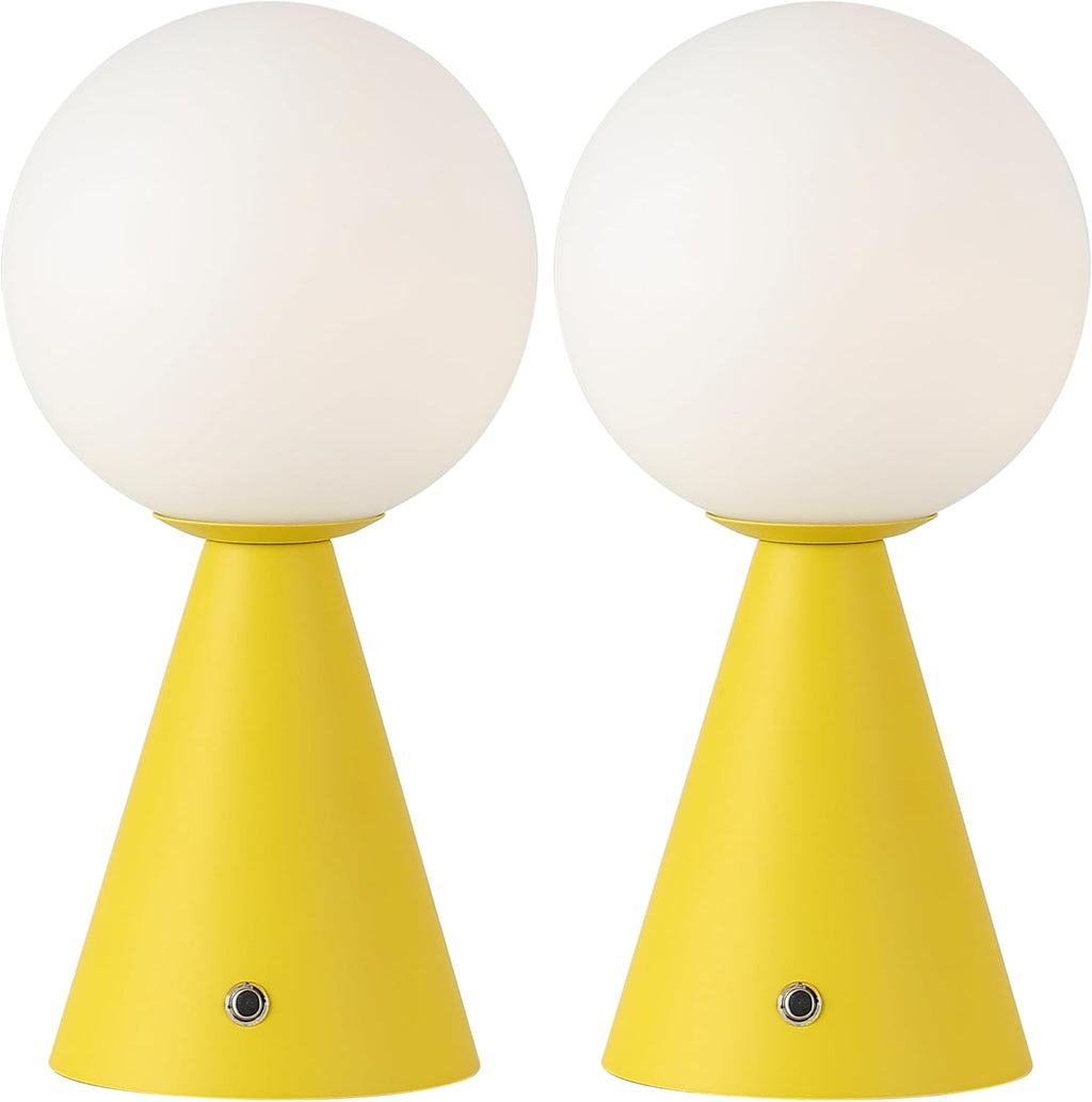 JONATHAN Y 11.75' Yellow Macie Modern Globe Cordless Table Lamp Set of 2, Rechargeable Dimmable Integrated LED Touch Sensor Bedside Lamp, White Frosted Glass Shade JYL7159A-SET2